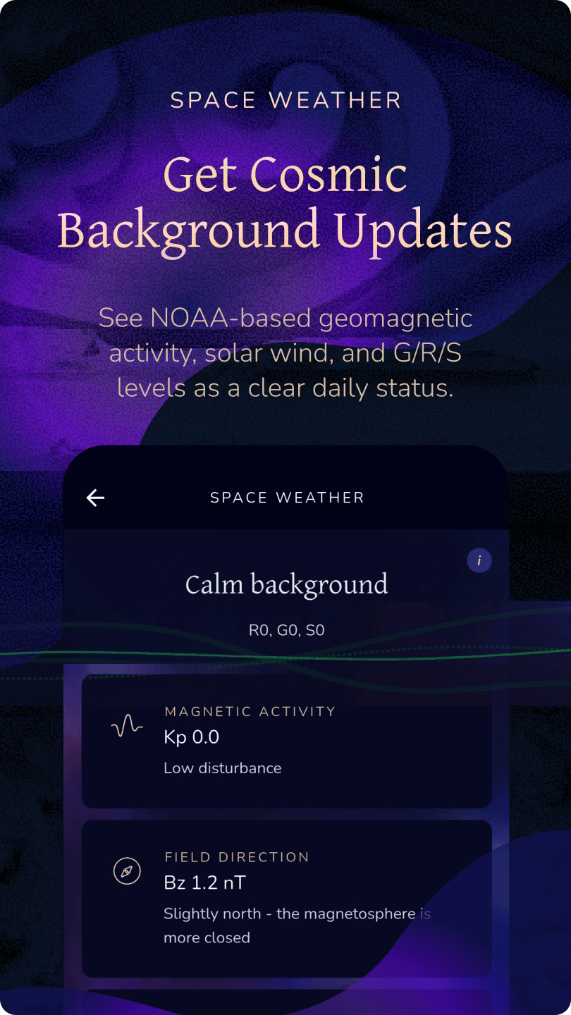 Amula Cosmic Weather screen with Kp and Bz indicators