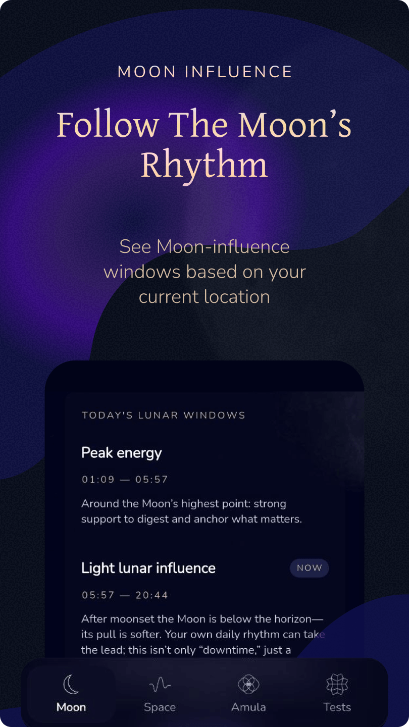 Amula Moon Influence screen showing today’s lunar windows